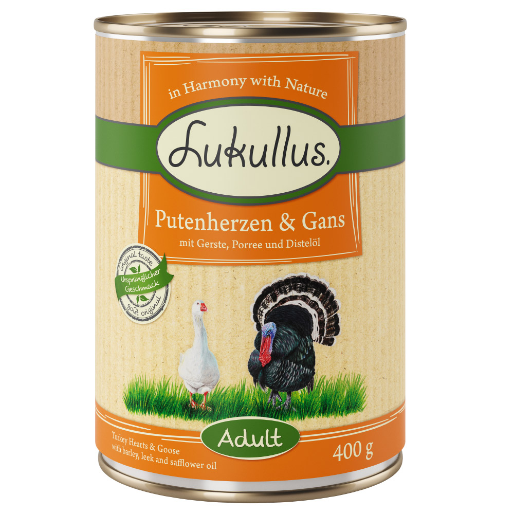 foto del prodotto lukullus alimentazione naturale adult senza cereali 6 x 400 g umido cane cuori di tacchino oca