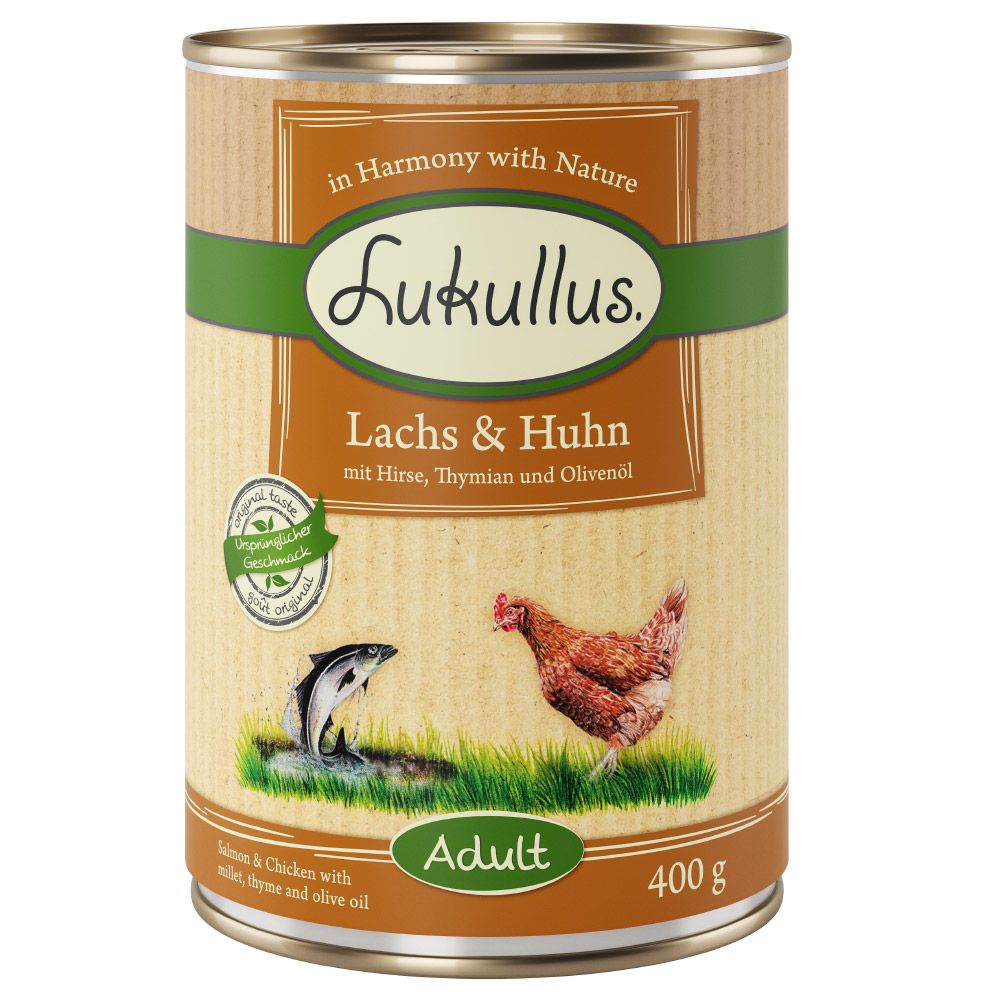 foto del prodotto lukullus alimentazione naturale adult senza cereali 6 x 400 g umido cane salmone pollo