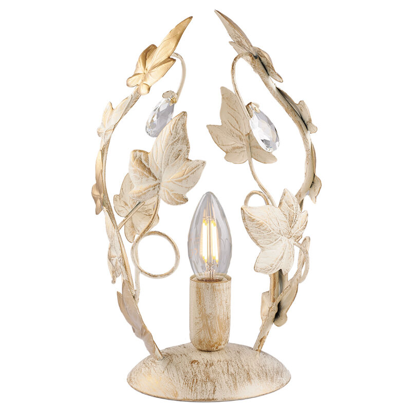 foto del prodotto lumetto shabby edera 1 luce ferro battuto avorio e oro con foglie e cristalli