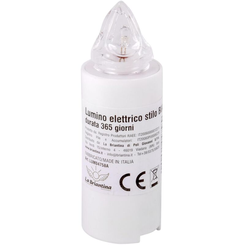 foto del prodotto lumino elettrico a led stilo, durata 365 giorni, bianco con luce fissa tremolante, h9.5x 3 cm la briantina