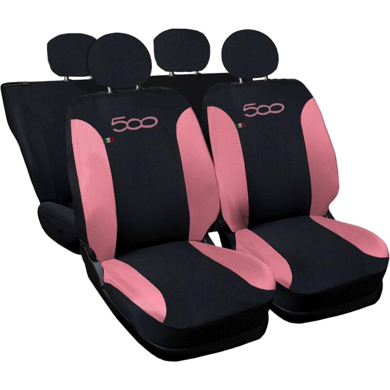 foto del prodotto lupex shop - coprisedili auto compatibili per 500, made in italy, set di copri sedili anteriori e posteriori con copri poggiatesta incluso, new, tessuto poliestere, nero - rosa