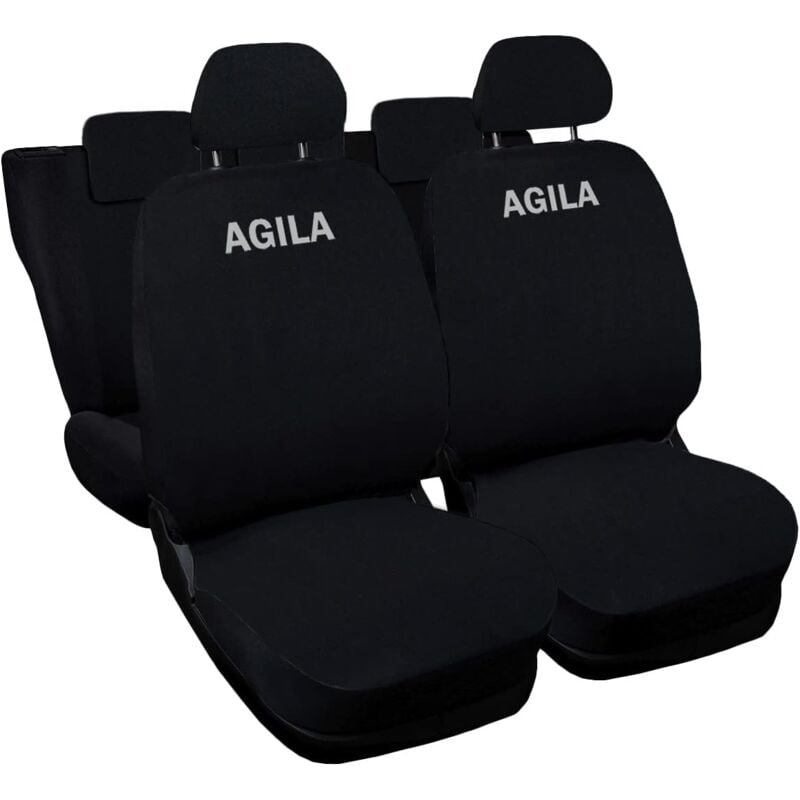 foto del prodotto lupex shop - coprisedili auto compatibili per agila, made in italy, set di copri sedili anteriori e posteriori con copri poggiatesta incluso, tessuto poliestere, colore unico nero