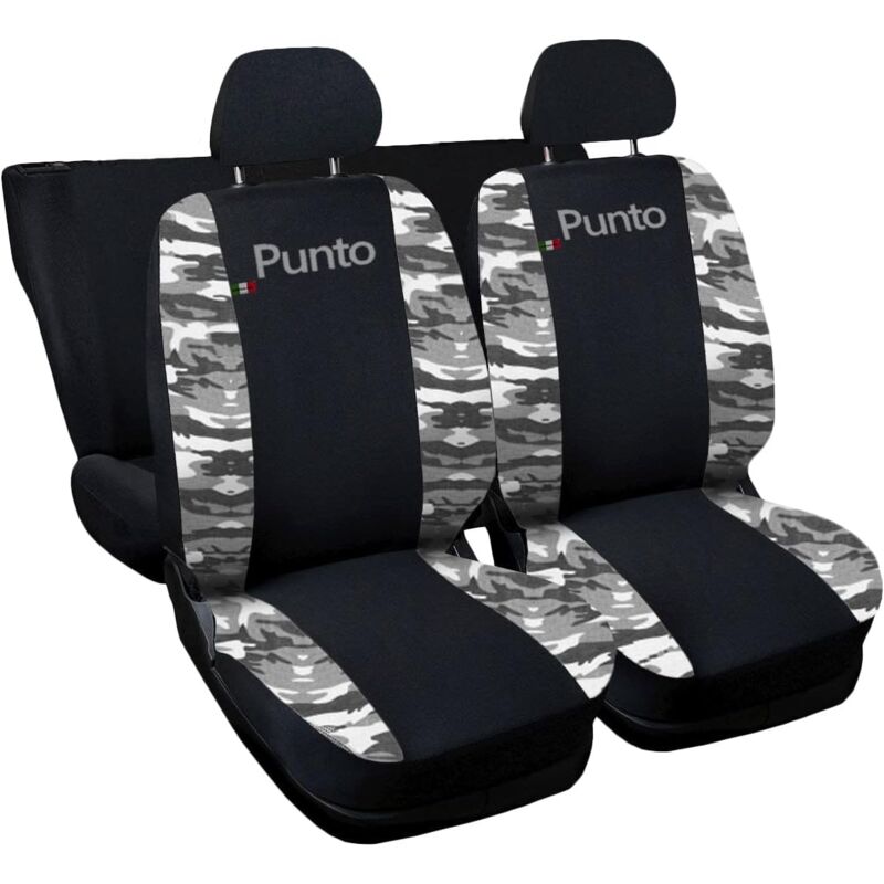 foto del prodotto lupex shop - coprisedili auto compatibili per punto, made in italy, anteriori e posteriori con copri poggiatesta incluso, tessuto poliestere, colore - neromimetico chiaro