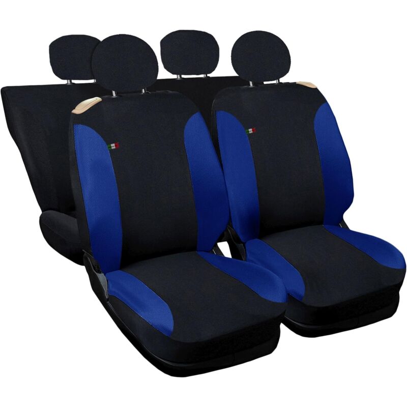 foto del prodotto lupex shop coprisedili auto universali, compatibili per 500, anteriori e posteriori 50 50 , no logo, in policotone, nero blu chiaro