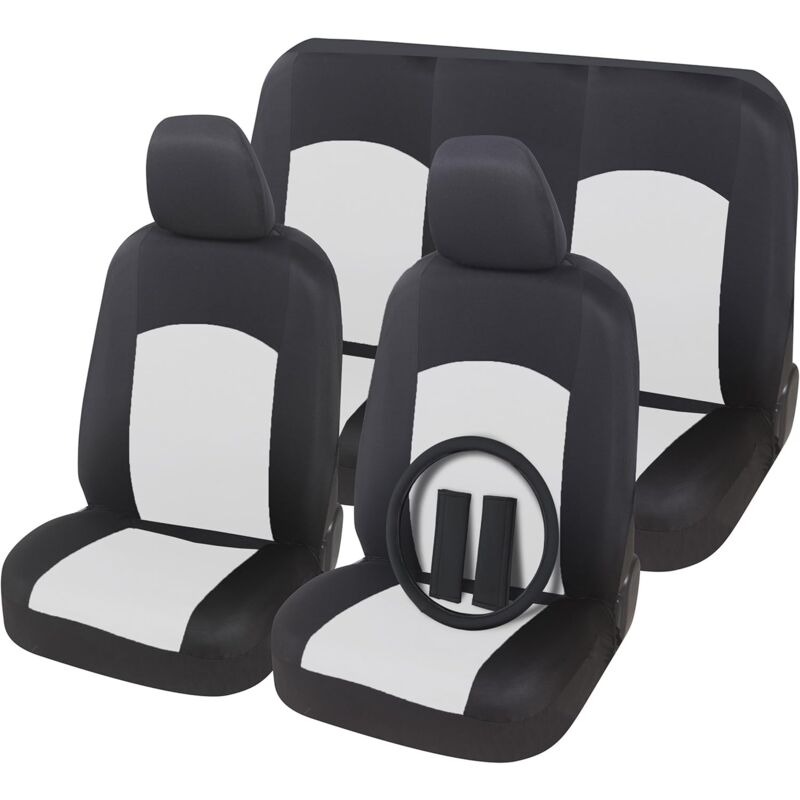 foto del prodotto lupex shop coprisedili per auto medio piccole, anteriore e posteriore, con coprivolante, mod. soft, tessuto policotone, nero bianco