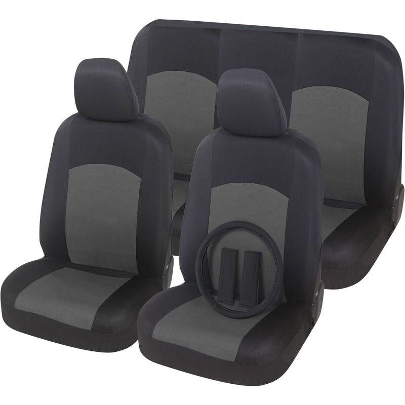 foto del prodotto lupex shop coprisedili per auto medio piccole, anteriore e posteriore, con coprivolante, mod. soft, tessuto policotone, nero grigio