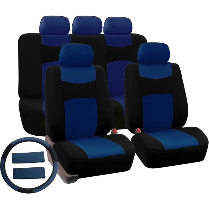 foto del prodotto lupex shop coprisedili per auto universali mod. a18 con copri volante e cintura, colore blu scuro nero