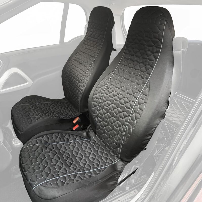 foto del prodotto lupex shop coprisedili universali per auto, coppia anteriore, tessuto in gambardina, poggiatesta integrato nero con linea grigia 