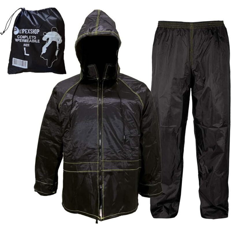 foto del prodotto lupexshop - lupex shop - tuta moto impermeabile antipioggia antivento, con borsa, colore nero, set di giacca e pantalone da pioggia con cappuccio a