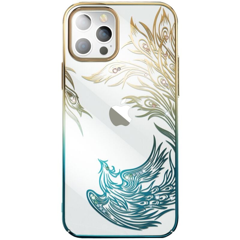 foto del prodotto lussuosa custodia per iphone 14 plus con cristalli della serie phoenix, oro e blu