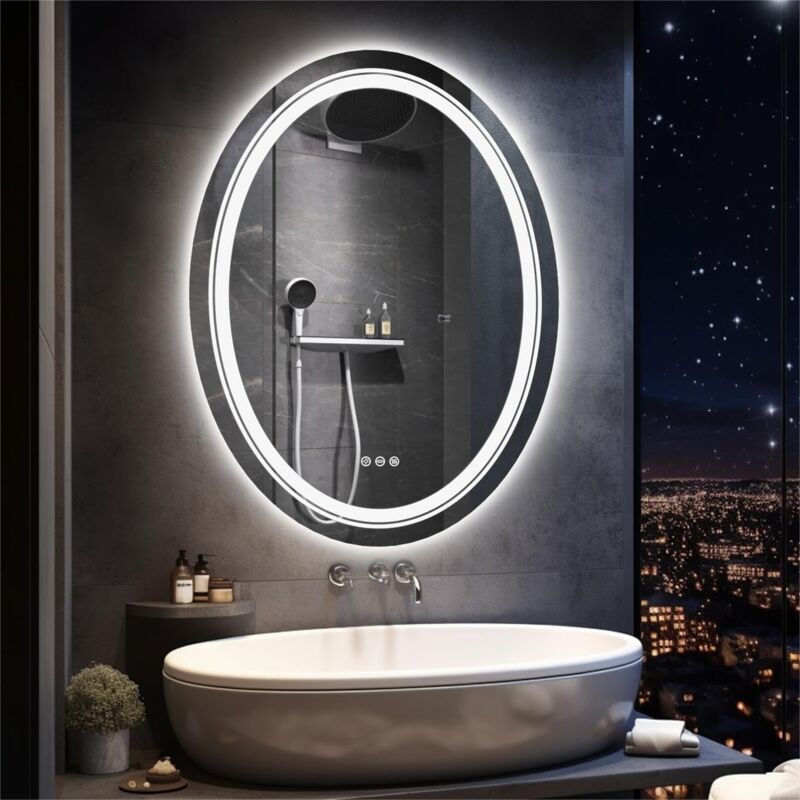 foto del prodotto luvodi 50x70cm specchio bagno led luce retroilluminato frontale ovale, dimmerabile luce, antiappannamento, interruttore touch, memoria