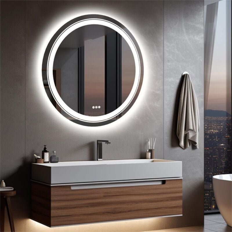 foto del prodotto luvodi - 90cm specchio da bagno con led luce retroilluminato frontale rotondo specchio smart dimmerabile 3 colori