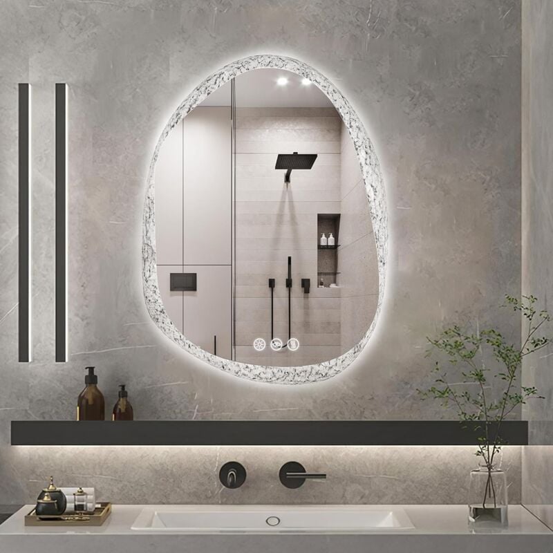 foto del prodotto luvodi specchio bagno con led luce 50x70cm irregolare specchio asimmetrico retroilluminato creativo motivo
