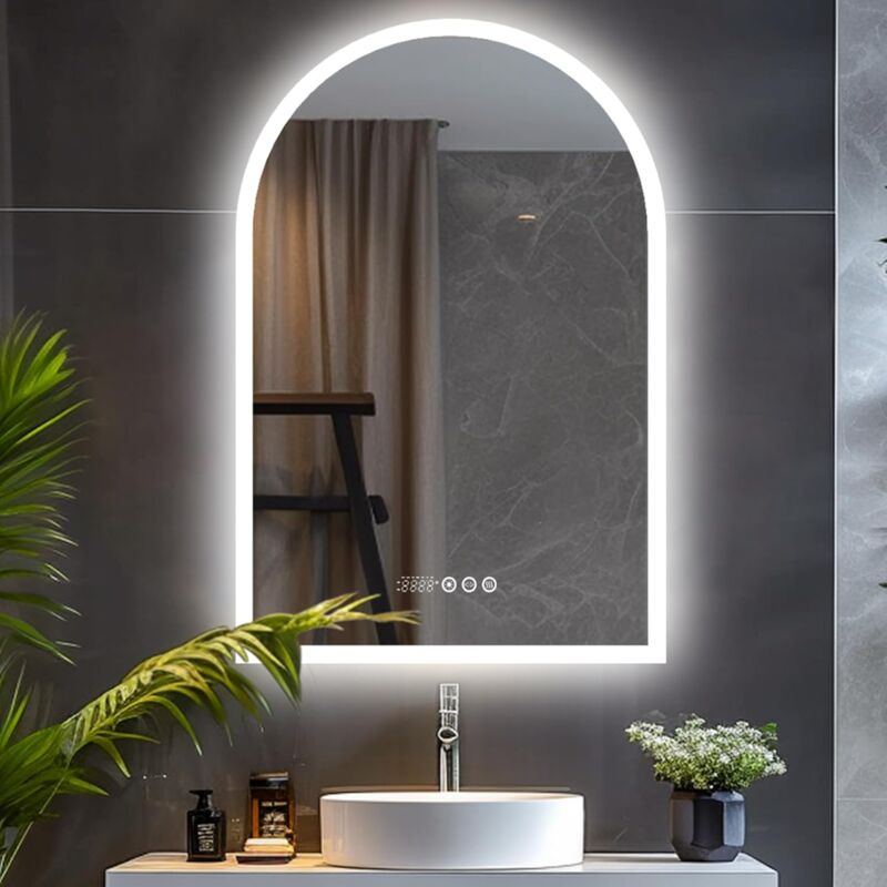 foto del prodotto luvodi specchio bagno con led luce retroilluminato arco specchio smart digitale bagno con orologio 90x60cm