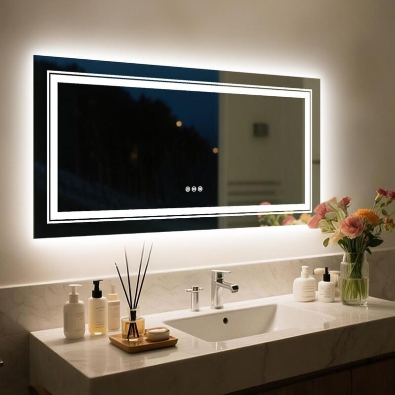 foto del prodotto luvodi specchio bagno led 120x80cm luce retroilluminato frontale, piu luminoso, specchio smart rettangolare touch, dimmerabile 3 colori,