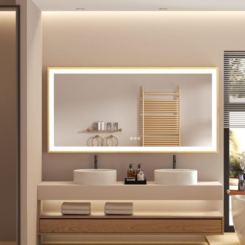 foto del prodotto luvodi specchio da bagno con led luce dorata cornice rettangolare 120x60cm