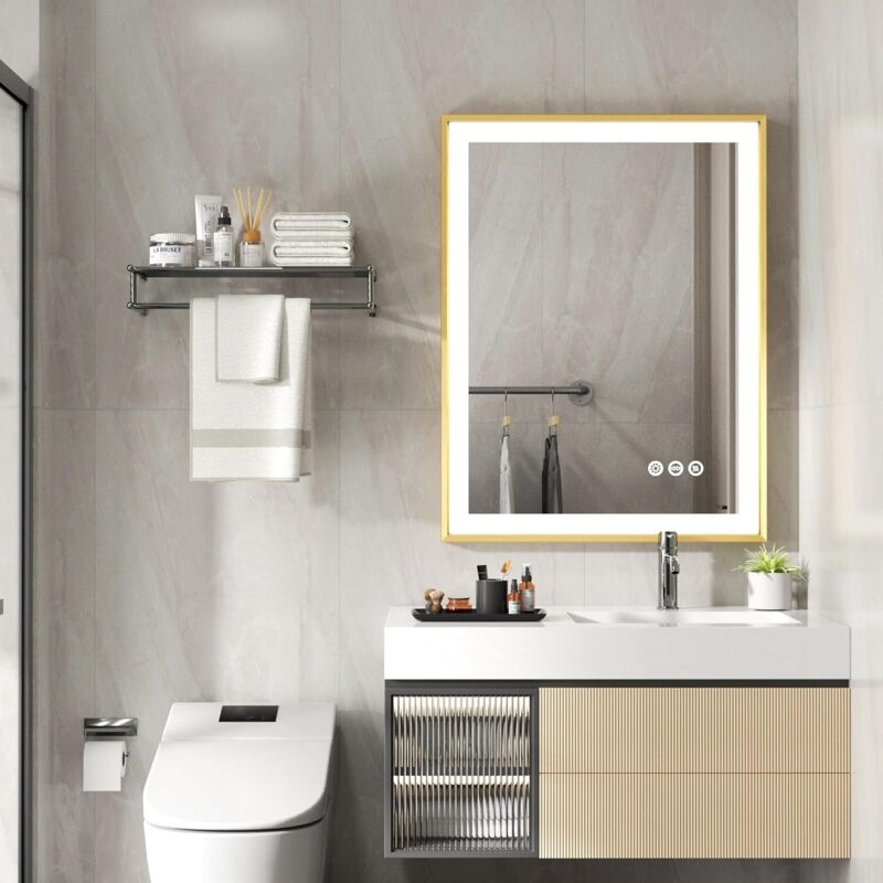 foto del prodotto luvodi specchio da bagno con led luce dorata cornice rettangolare 60x80cm