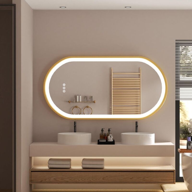 foto del prodotto luvodi specchio da bagno con led luce ovale dorata cornice 120x60cm