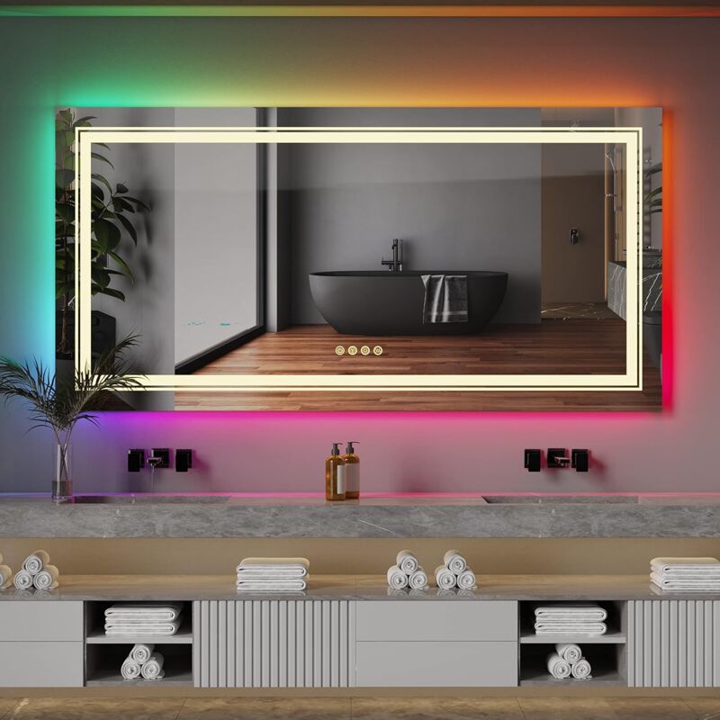 foto del prodotto luvodi specchio da bagno con led rgb luce da parete grande specchio bagno retroilluminato e frontale specchio rettangolare bagno touch,