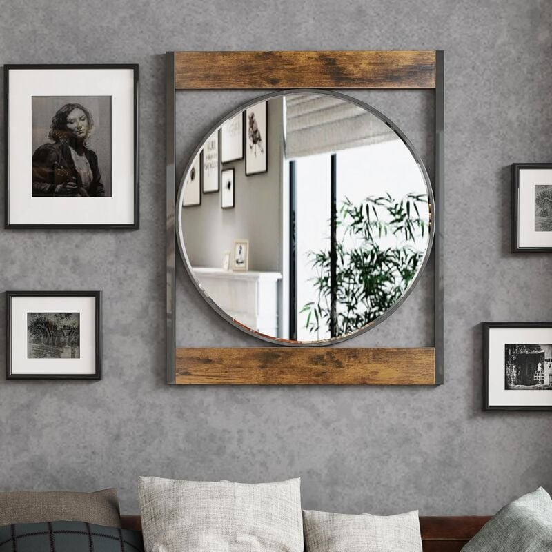 foto del prodotto luvodi specchio da parete decorativo argento industriale rotondo dal design retr con cornice quadrata in legno e metallo 63x76cm ingresso