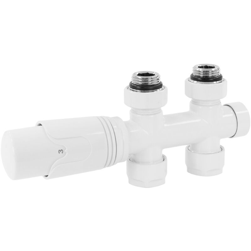 foto del prodotto luxe bath set di collegamento centrale per radiatore dritto bianco set di rubinetti multiblocco passante testa termostatica per radiatori set attacco