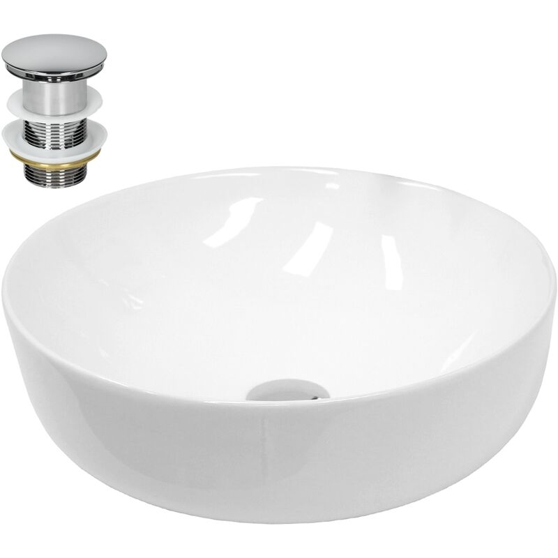 foto del prodotto luxebath ecd germany lavabo da appoggio incl. set di scarico senza troppopieno 400x400x135 mm in ceramica rotondo finitura bianco lucido