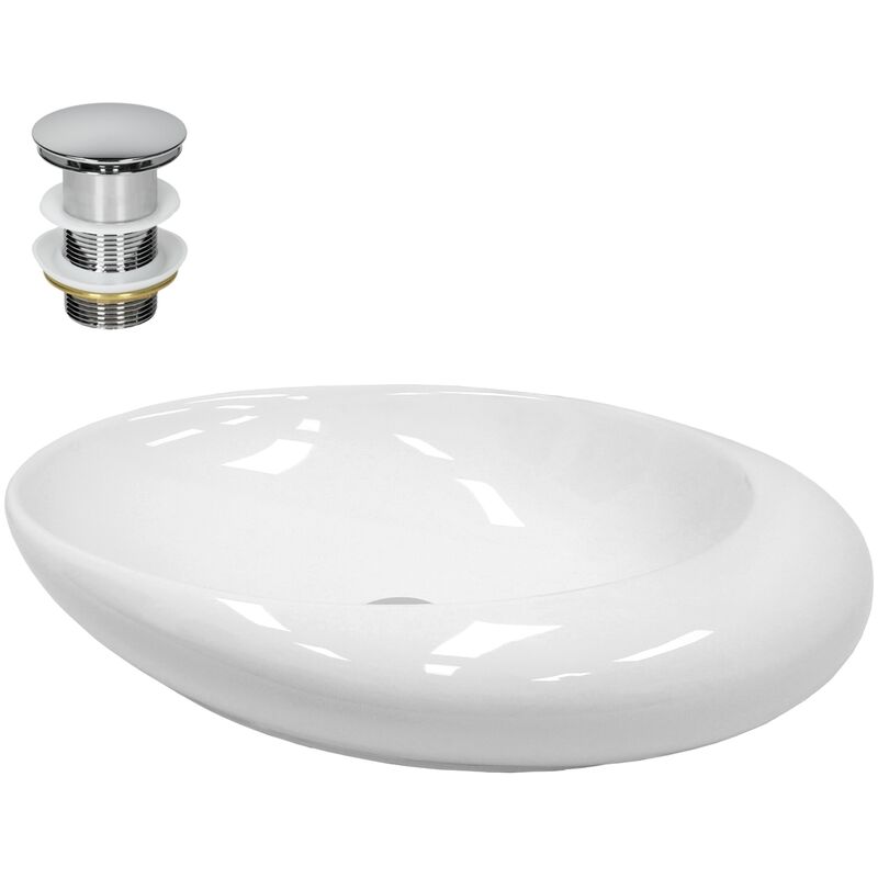 foto del prodotto luxebath ecd germany lavabo da appoggio incl. set di scarico senza troppopieno 585 x 375 x 145 mm in ceramica ovale finitura bianco lucido