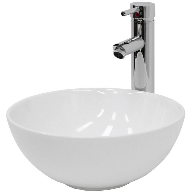 foto del prodotto luxebath ecd germany lavabo di appoggio con valvola di scarico senza troppopieno 320 x 135 mm in ceramica rotondo bianco lucido lavandino