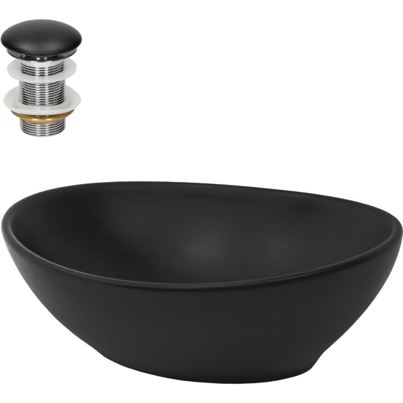 foto del prodotto luxebath ml design lavabo da appoggio 41x33,5x14,5 cm in ceramica nera opaca lavello ovale lavandino design moderno con set di scarico senza