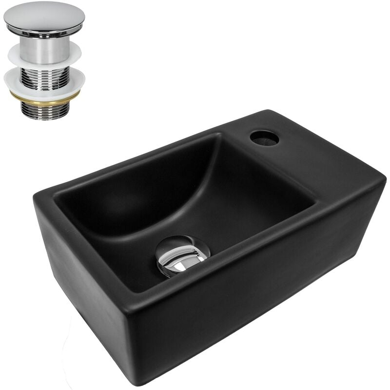 foto del prodotto luxebath ml design lavabo da appoggio in ceramica 35,5x20,5x12,5 cm nero opaco incl. piletta di scarico per lavandino senza troppopieno lavello per