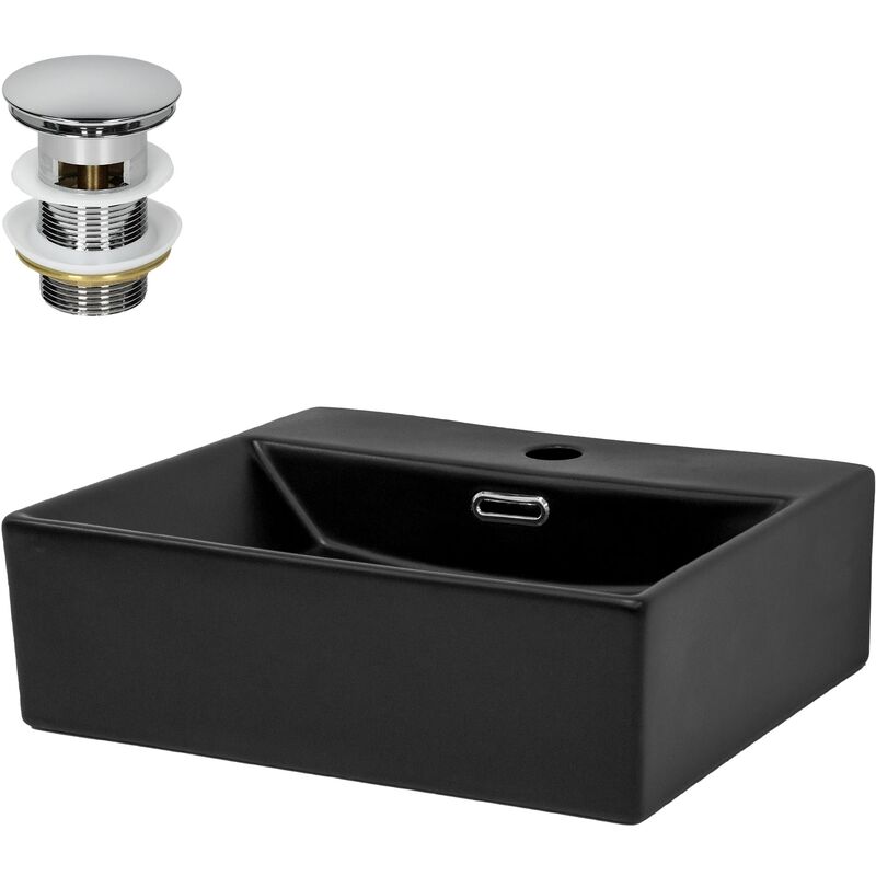 foto del prodotto luxebath ml design lavabo da appoggio in ceramica 415 x 365 x 130 mm nero opaco incl. piletta di scarico per lavandino con troppopieno lavello per