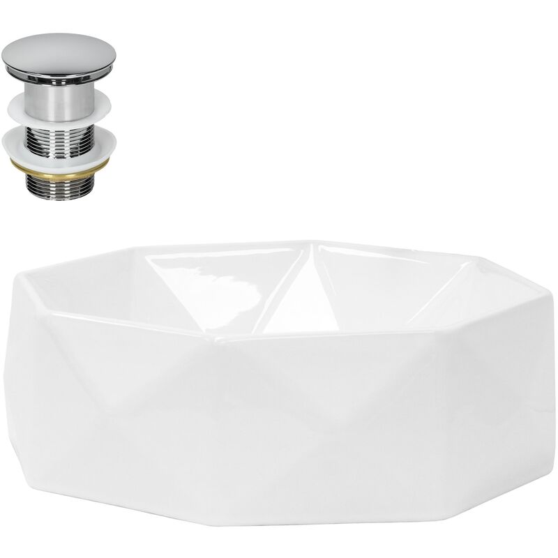 foto del prodotto luxebath ml design lavabo da appoggio in ceramica 42 x 13,5 cm bianco lucido incl. piletta di scarico per lavandino senza troppopieno lavello per