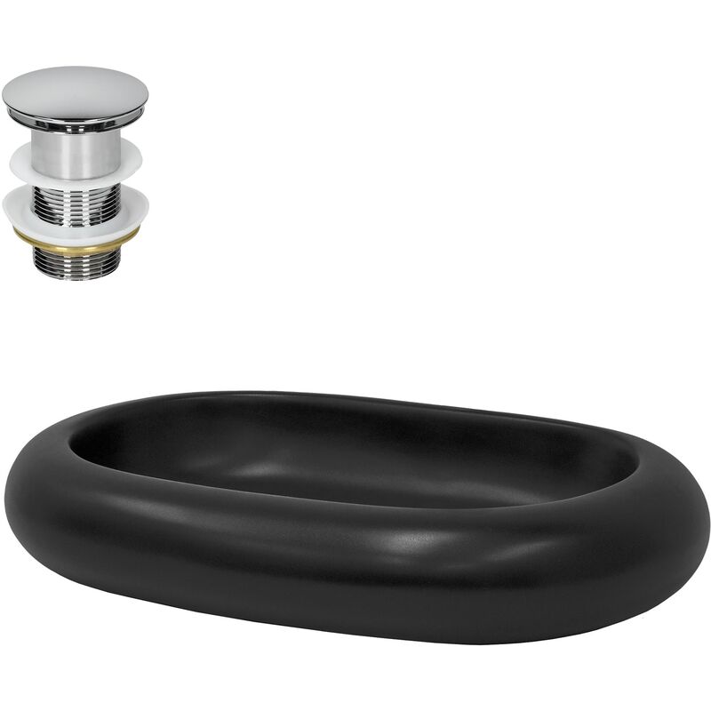 foto del prodotto luxebath ml design lavabo da appoggio in ceramica 65x45x11 cm nero opaco incl. piletta di scarico per lavandino senza troppopieno lavello per bagno