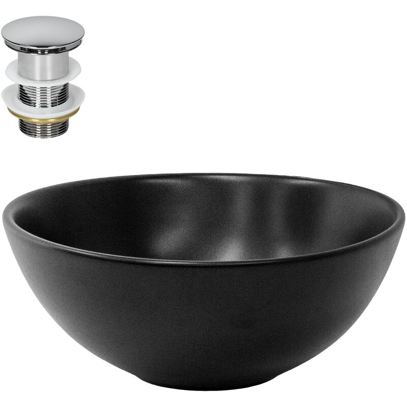 foto del prodotto luxebath ml design lavabo da appoggio in ceramica nero opaco 28 x 15 cm rotondo con set di scarico in ottone cromato, valvola drenaggio pop up,