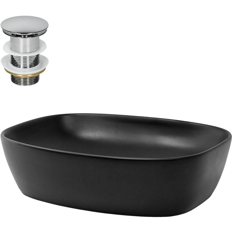 foto del prodotto luxebath ml design lavabo da appoggio nero opaco 50,5 x 38,5 x 14 cm con set di scarico in ottone cromato valvola drenaggio lavello con troppopieno