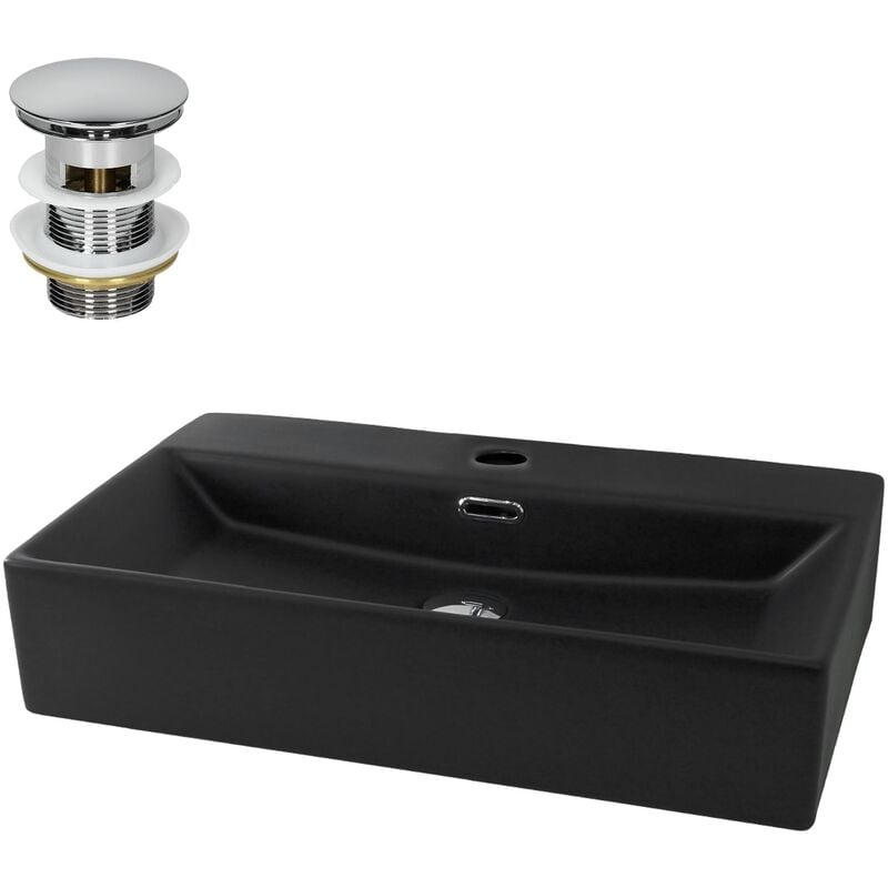 foto del prodotto luxebath ml design lavabo da appoggio nero opaco 600x365x130mm con set di scarico in ottone cromato valvola drenaggio lavello con troppopieno
