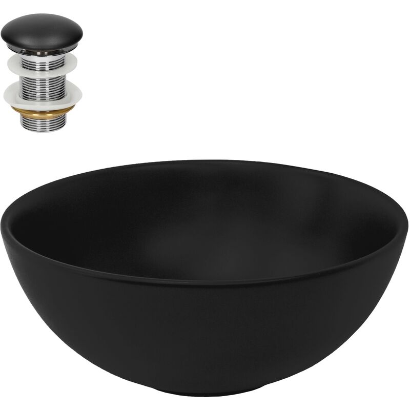 foto del prodotto luxebath ml design lavabo in ceramica 32x13,5 cm lavello d appoggio rotondo nero opaco lavandino design moderno con set di scarico lavamani