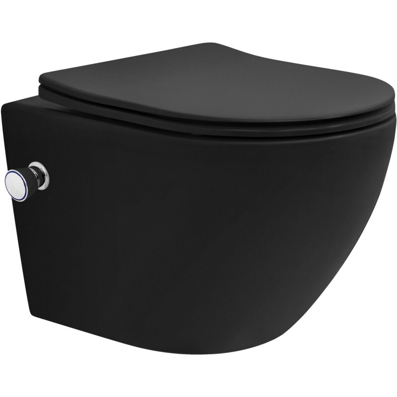foto del prodotto luxebath wc sospeso senza bordo in ceramica nero con funzione bidet e sedile soft close in duroplast chiusura ammortizzata sciacquone tornado vaso