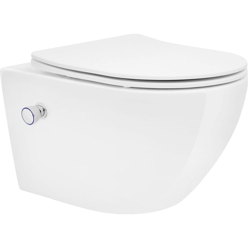 foto del prodotto luxebath wc sospeso senza bordo vaso in ceramica bianco lungo 53,5 cm funzione bidet risciacquo scarico tornado con sedile softclose water con