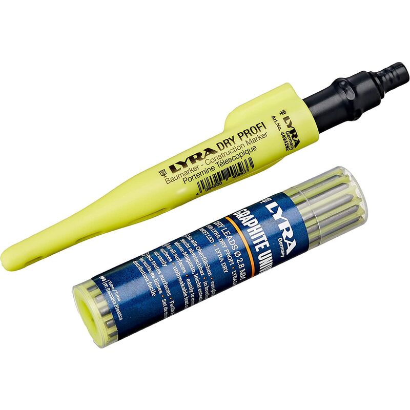 foto del prodotto lyra l4498103 dry matita per edilizia professionale, con temperamatite e clip, 12 mine universali in grafite da 2b, per tutte le superfici, in