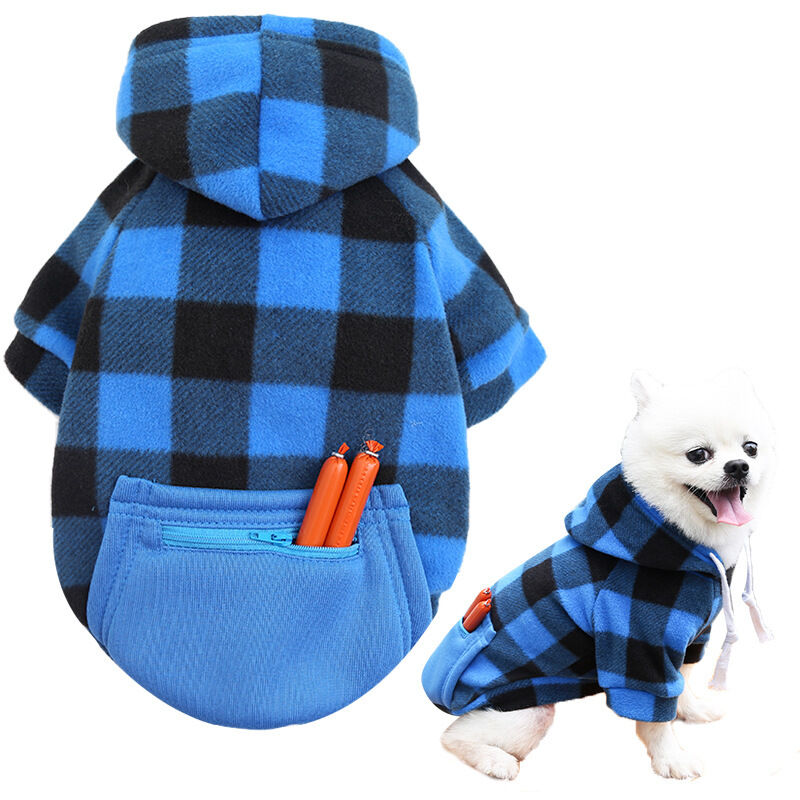 foto del prodotto m) felpa con cappuccio per cani scozzese blu e nera felpa per animali domestici maglione in pile con cappello e tasche cappotto medio per cani e