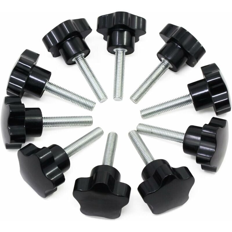 foto del prodotto m8x40 filettatura femmina dado maniglia di serraggio, manopole a forma di stella manopole a vite in plastica nera manopola di serraggio per