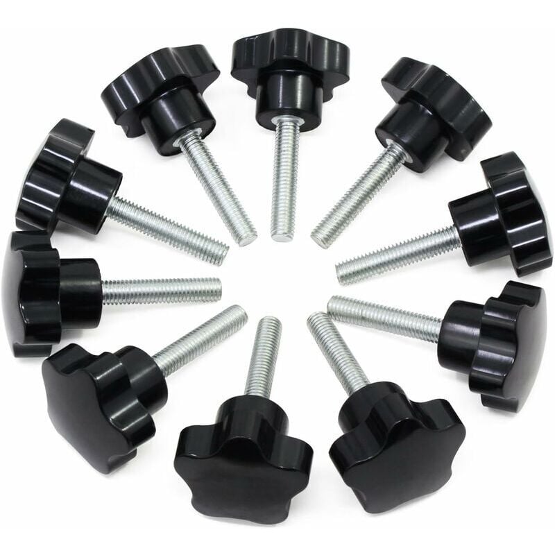 foto del prodotto m8x40 filettatura femmina dado maniglia di serraggio, manopole a forma di stella manopole a vite in plastica nera manopola di serraggio per