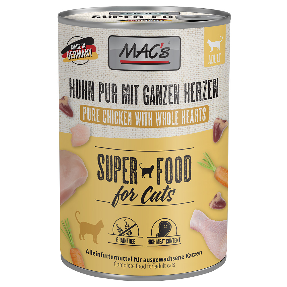 foto del prodotto mac's cat 12 x 400 g alimento umido per gatti - pollo puro con cuori interi di pollame - novità