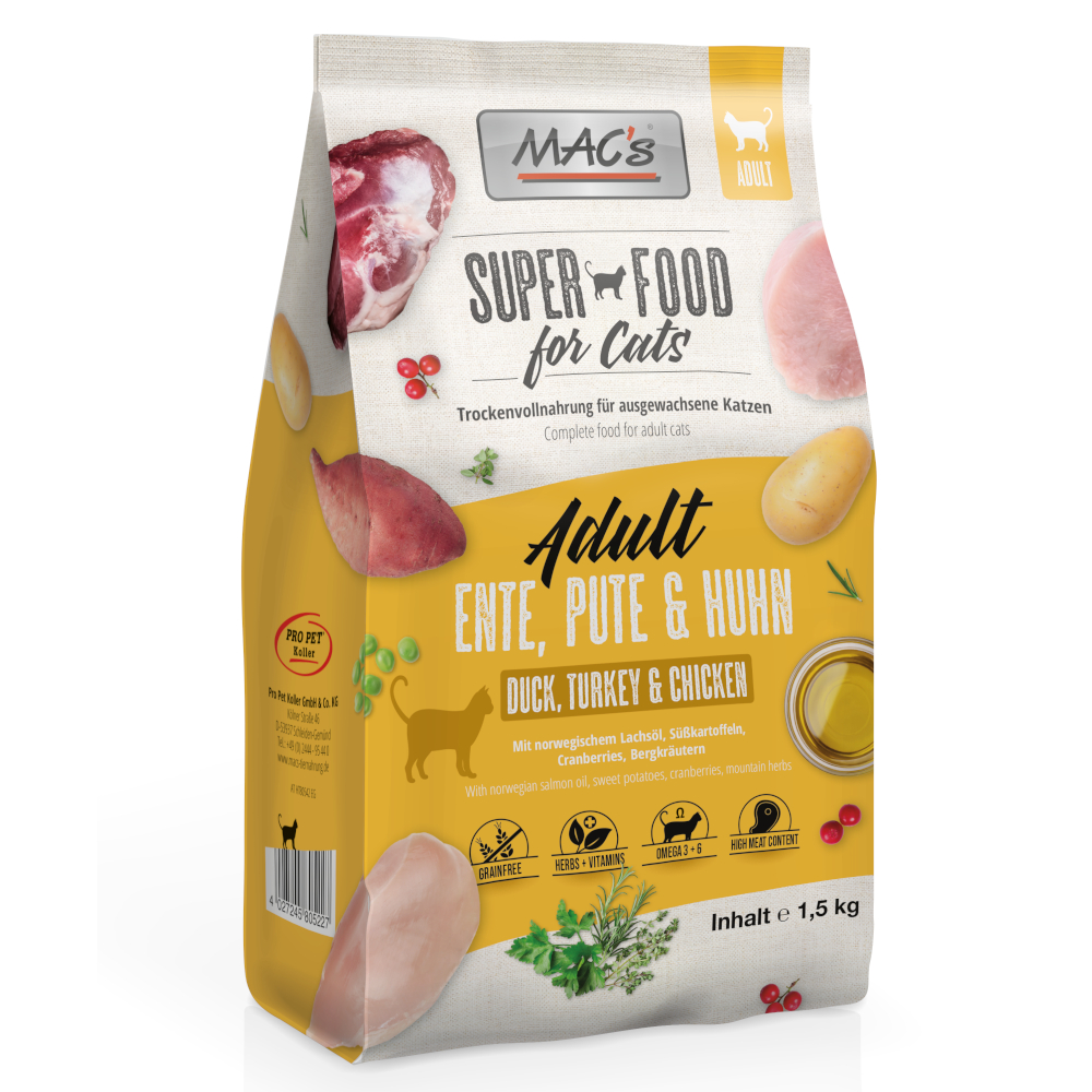 foto del prodotto mac s superfood for cats adult anatra, tacchino pollo crocchette gatti 1,5 kg