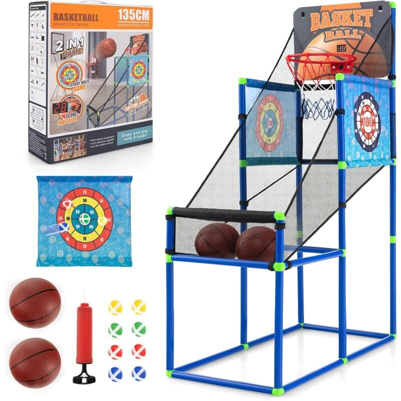 foto del prodotto macchina da pallacanestro per bambini, set giochi 2 in 1 da interno ed esterno per basket e palline attaccanti con segnapunti elettronico ed effetti