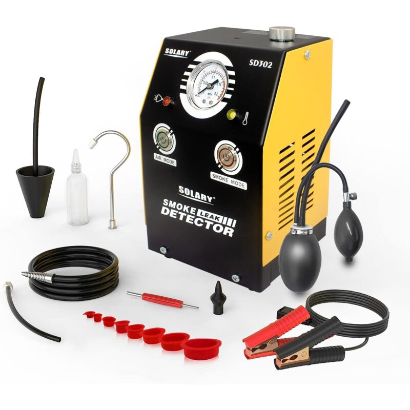 foto del prodotto macchina del fumo, strumento di rilevamento delle perdite per autoveicoli, dc12v, con manometro. giallo.