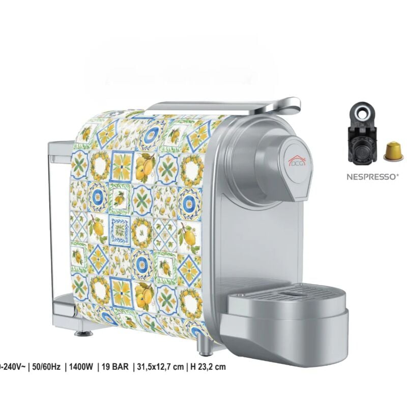foto del prodotto macchina per caff espresso con capsule nespresso potenza 1400w 19 bar design vintage con mosaico di agrumi