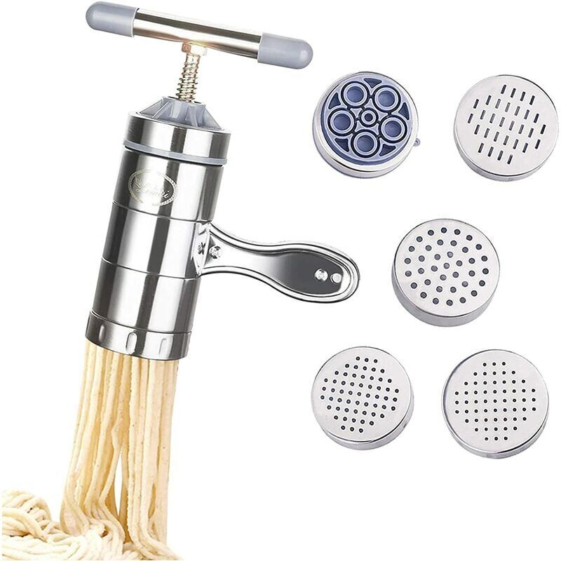 foto del prodotto macchina per pasta manuale in acciaio inossidabile, spremiagrumi per frutta e verdura, strumenti per fare spaghetti con 5 stampi per tagliatelle,