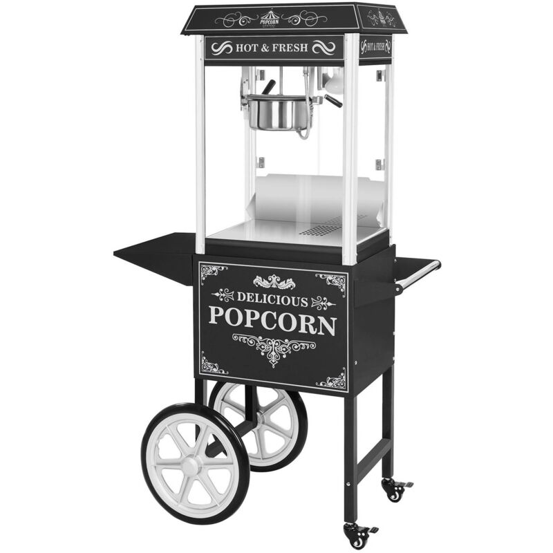 foto del prodotto macchina per popcorn nera in ferro e vetro temperato con carretto e accessori